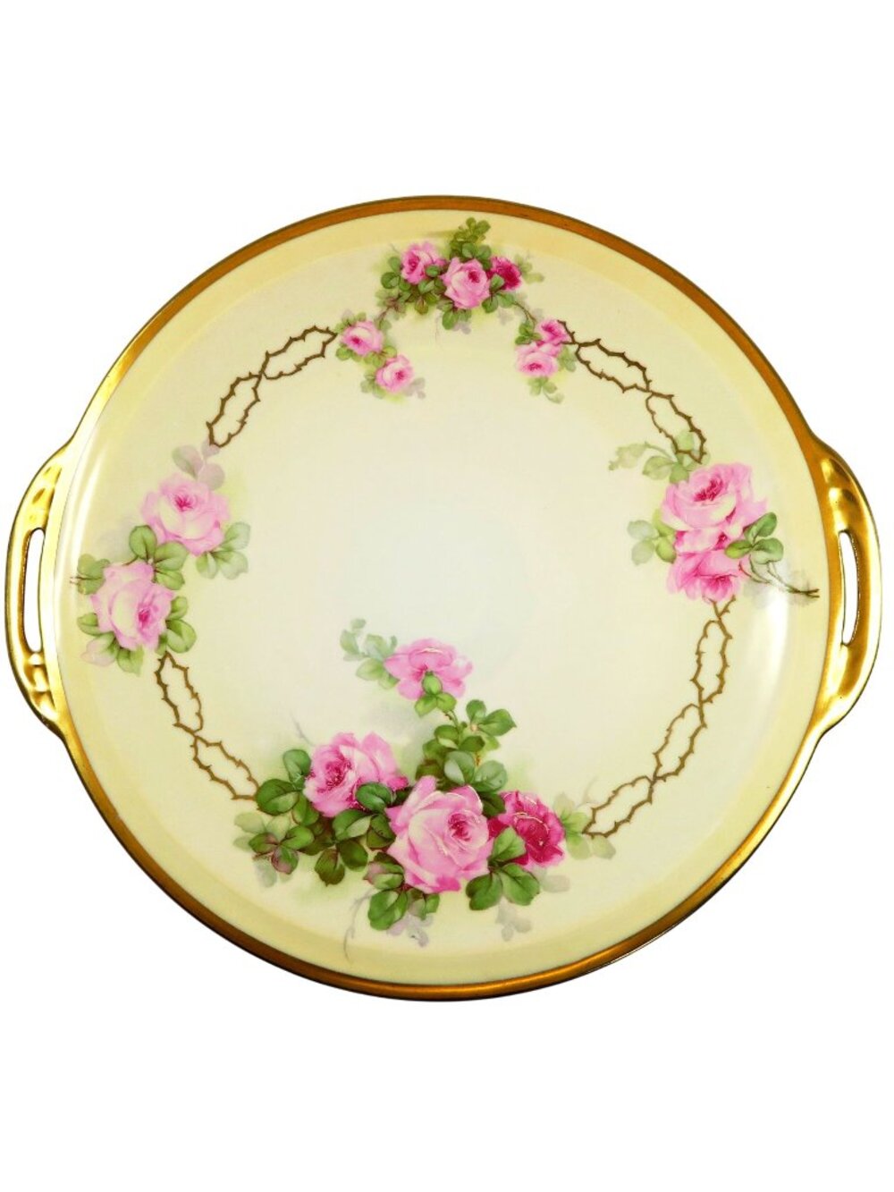 Royal Rudolstadt Prussia 11" Hand-Painted Rose, Handled Serving Plate, Gold Trim